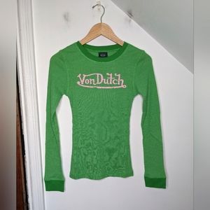 VON DUTCH Long Sleeve Women's Thermal Top Green with Light Pink NEW Size M